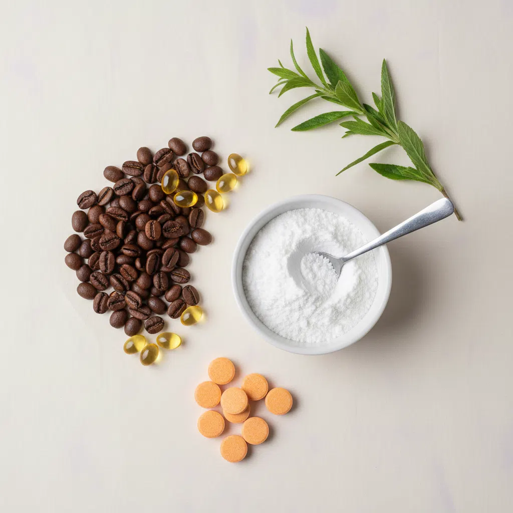 Natürliche Inhaltsstoffe: Kaffeebohnen, B-Vitamine, L-Carnitin Supplement Kaffee - flach auf cremem Hintergrund
