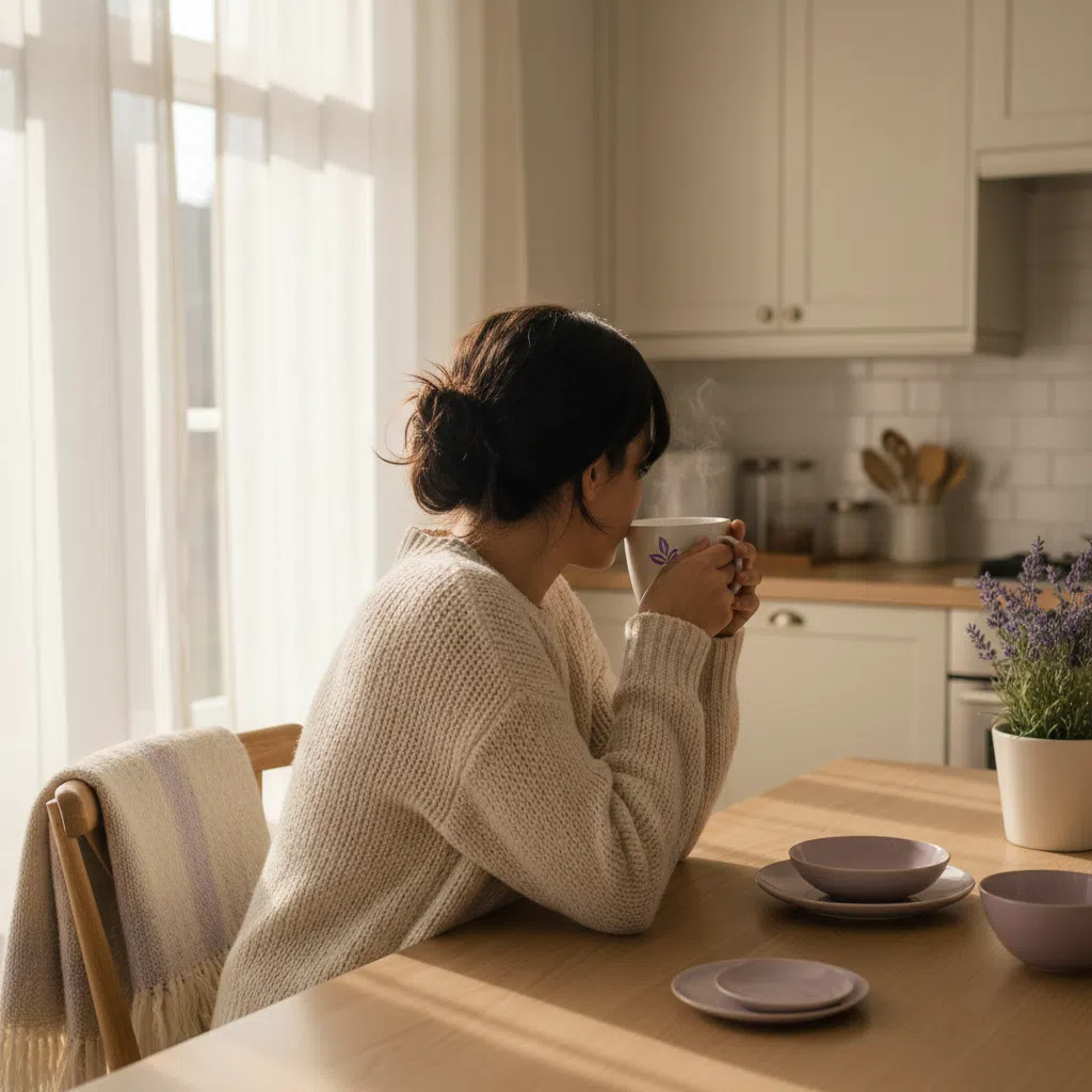 Person von hinten mit einer Tasse Kaffee am Morgen - angenehmes Morgenritual