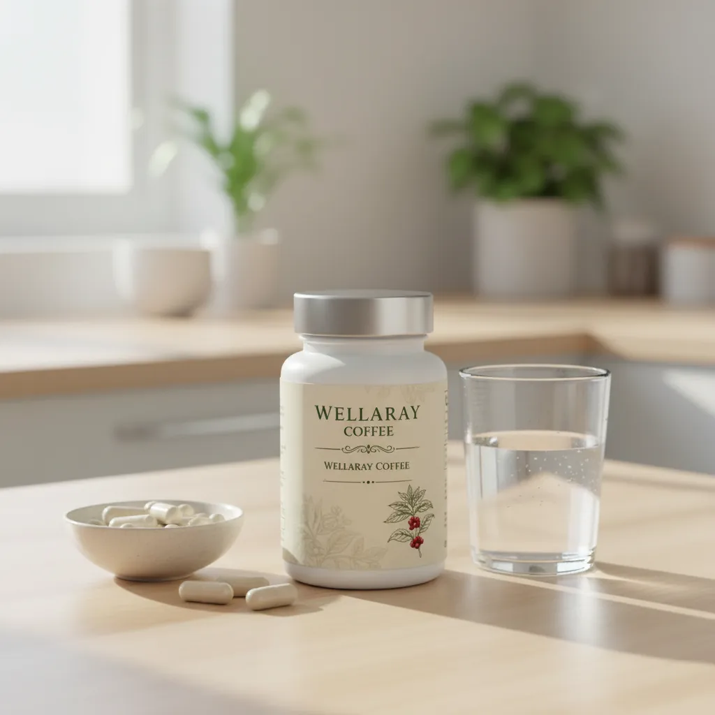Wellaray Coffee Packung auf Holztisch neben Kaffeetasse - Kaffee Supplement Deutschland kaufen