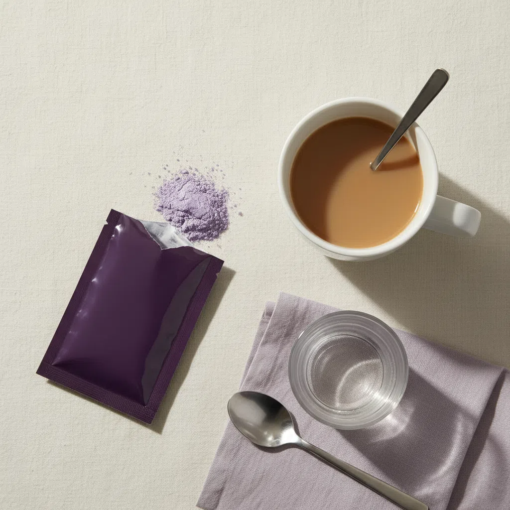 Portionsbeutel Wellaray Coffee neben weißer Tasse und Kaffeelöffel - Lebensmittelergänzung Kaffeegeschmack